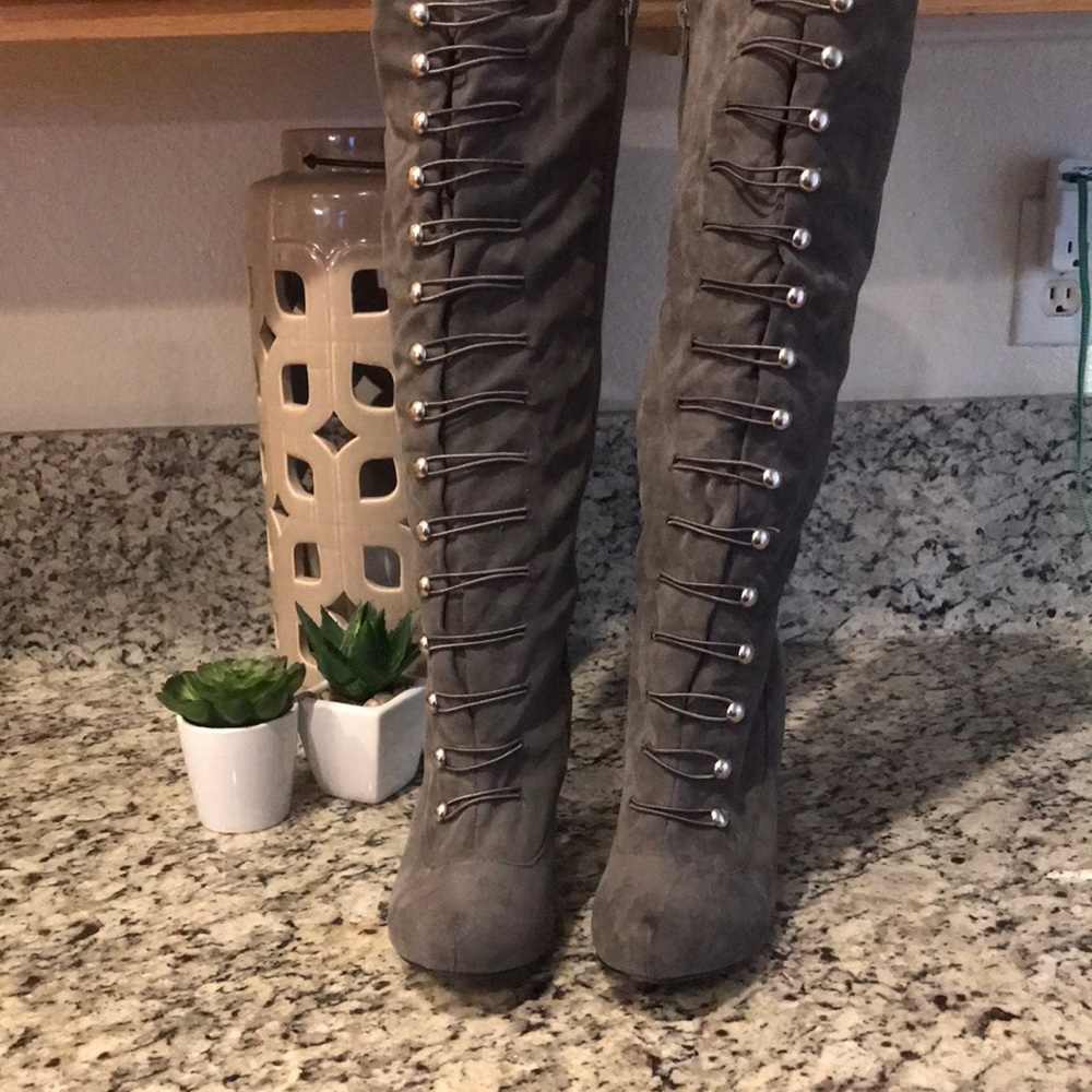 Faux suede grey knee high boots w/ elastic detail